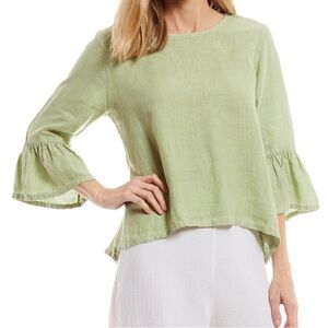 Bryn Walker Top Lily Shirt Linen Bell-Sleeve Casual Alfalfa Green Medium